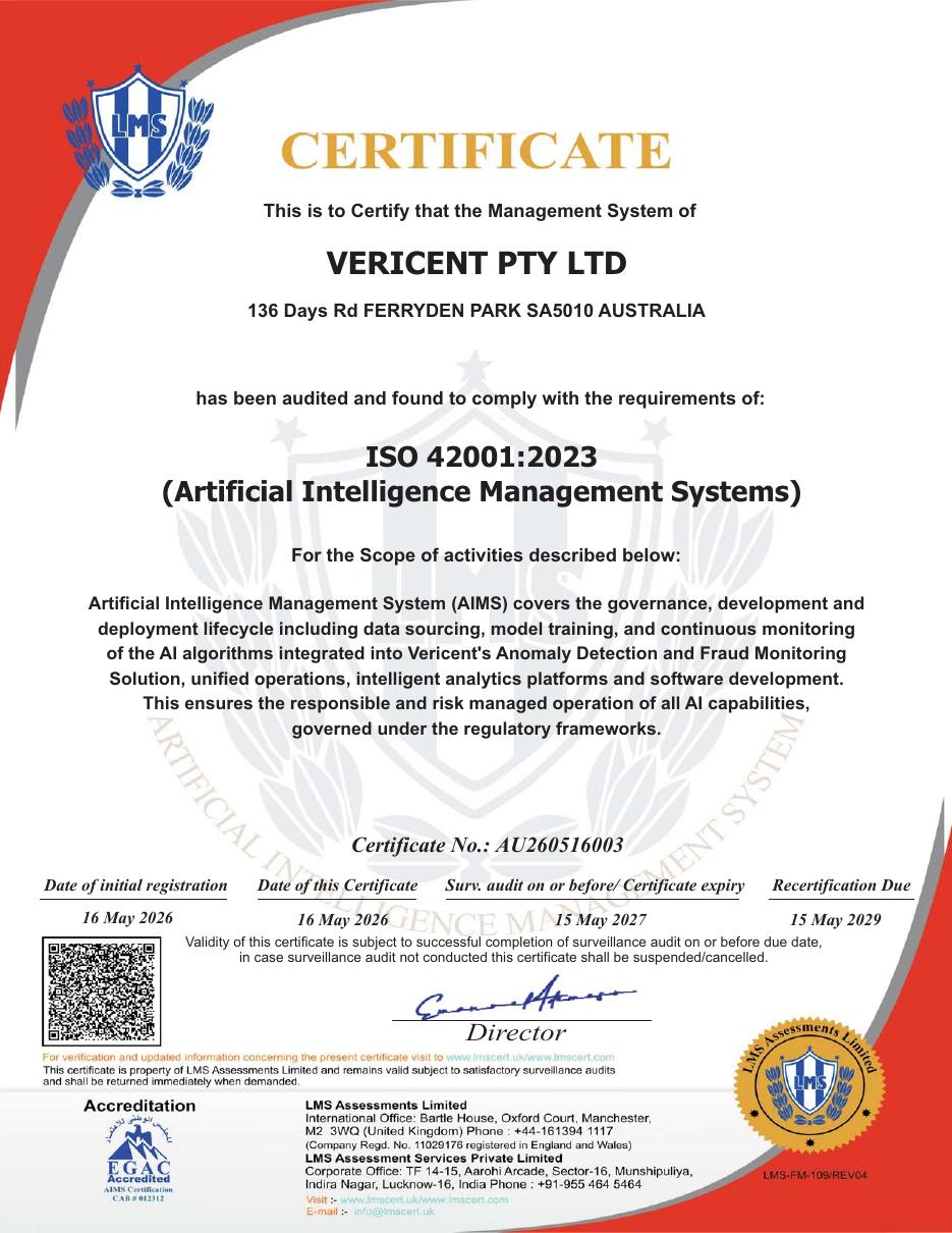 ISO/IEC 42001:2023 certificate for Vericent Pty Ltd